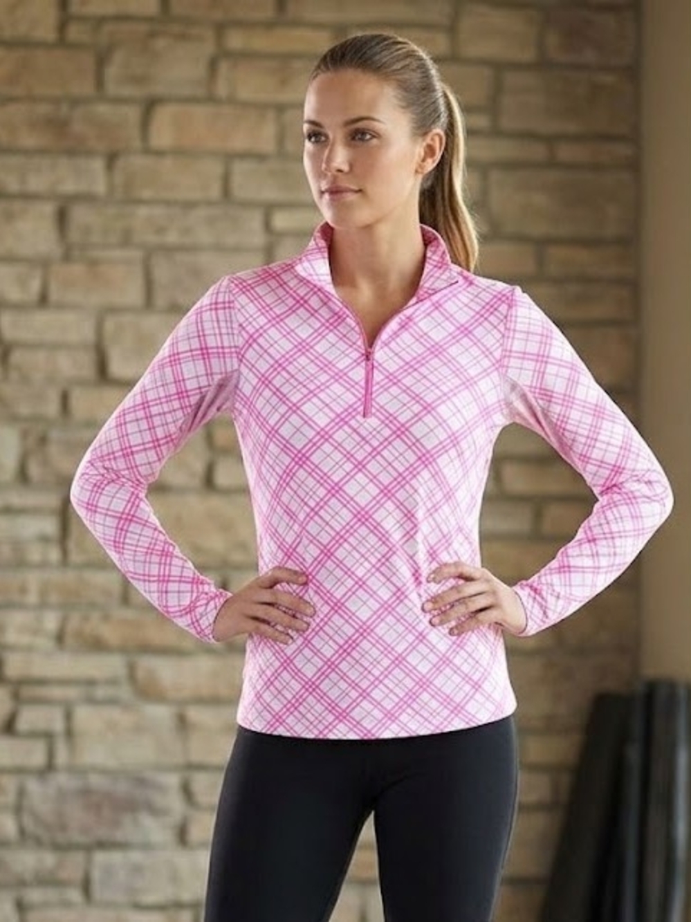 IBKUL Pink Plaid Quarter-Zip Long Sleeve Top